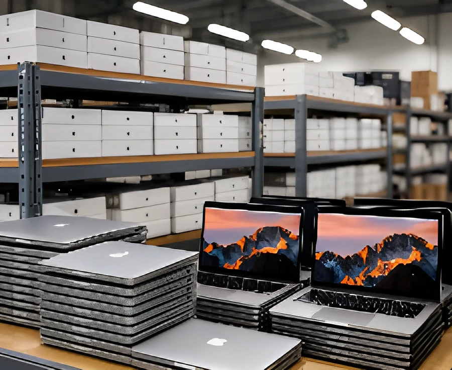 MacBook and laptop stock on warehouse racking